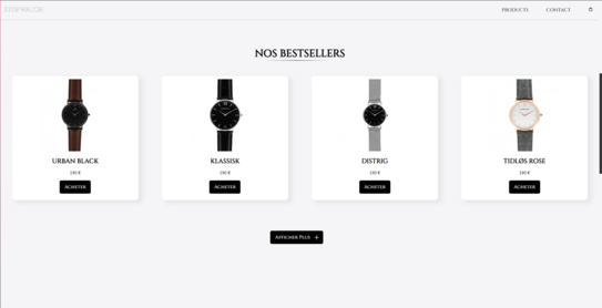 Maquette de boutique de vente de montre moderne et responsive développée avec React. Interface intuitive permettant de simuler un achat de montre. Design minimaliste et performant.